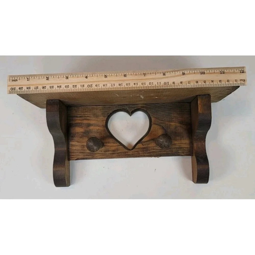 Wood Wall Mounted Shelf with Heart Cutout, Peg Hooks, Country Style 12x3.5x6
